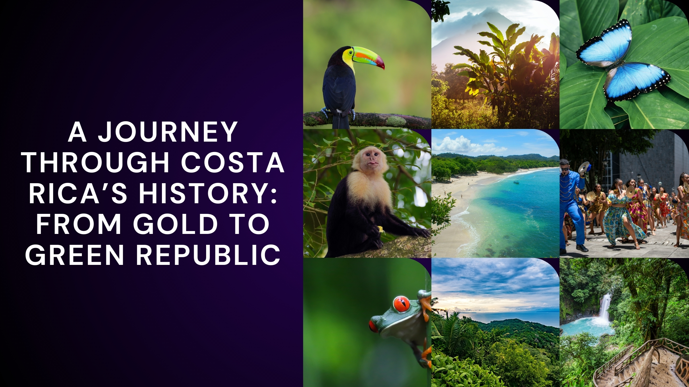 Collage with text “A Journey Through Costa Rica’s History: From Gold to Green Republic” alongside images of a toucan, rainforest, blue butterfly, capuchin monkey, tropical beach, parade dancers, red-eyed tree frog, mountain view, and waterfall, symbolizing Costa Rica’s nature and culture.