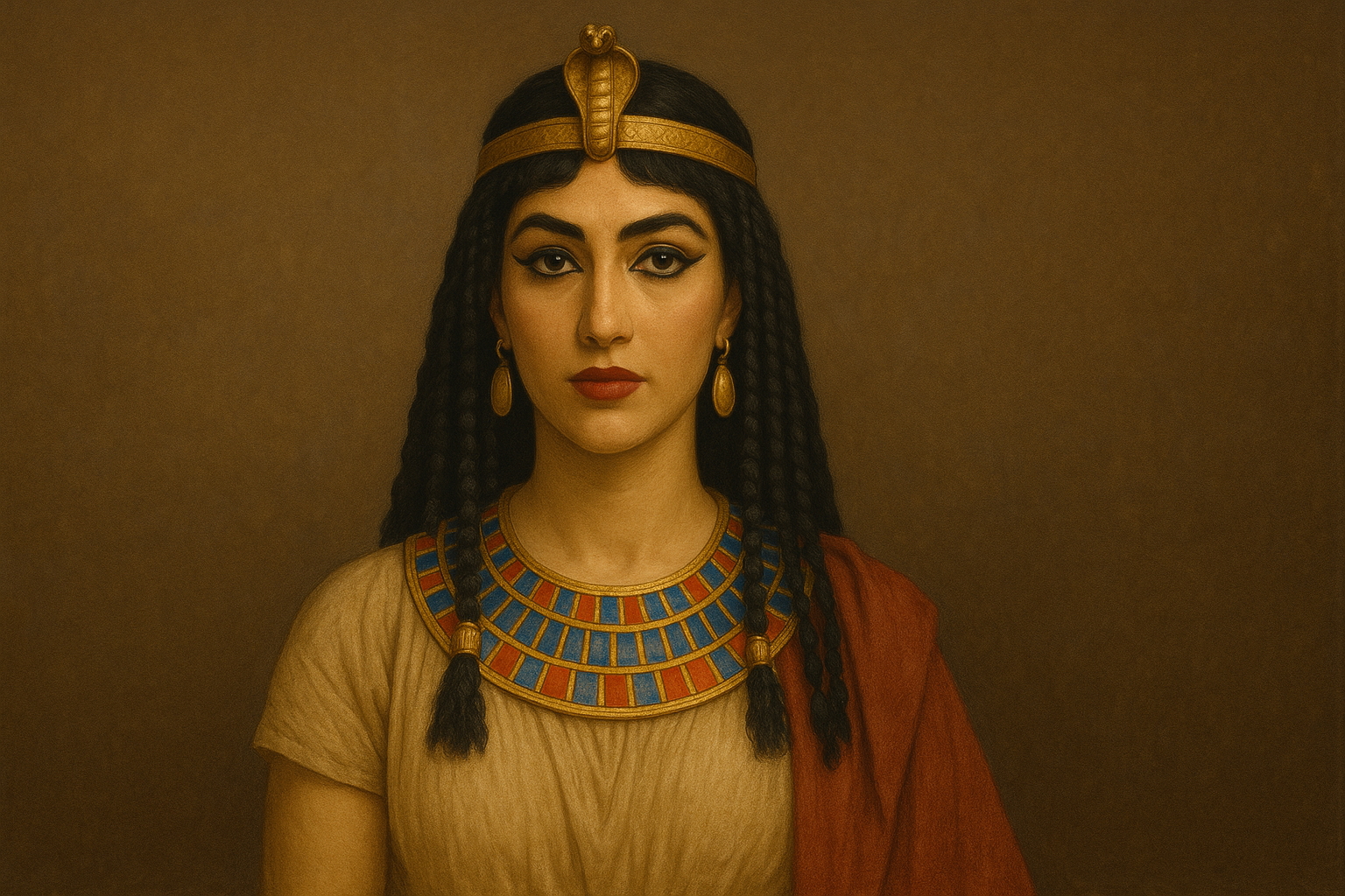 Cleopatra VII with braided dark hair, golden cobra headdress, jeweled collar, and kohl-lined eyes in a regal 16:9 digital painting.